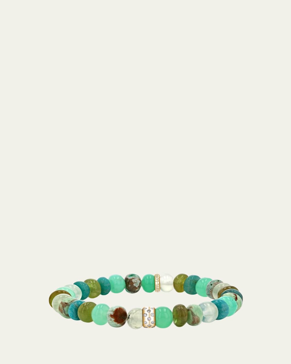 14K Yellow Gold Green Mix 8mm Bead Bracelet with 1 Triple Row Flush Set Rondelle